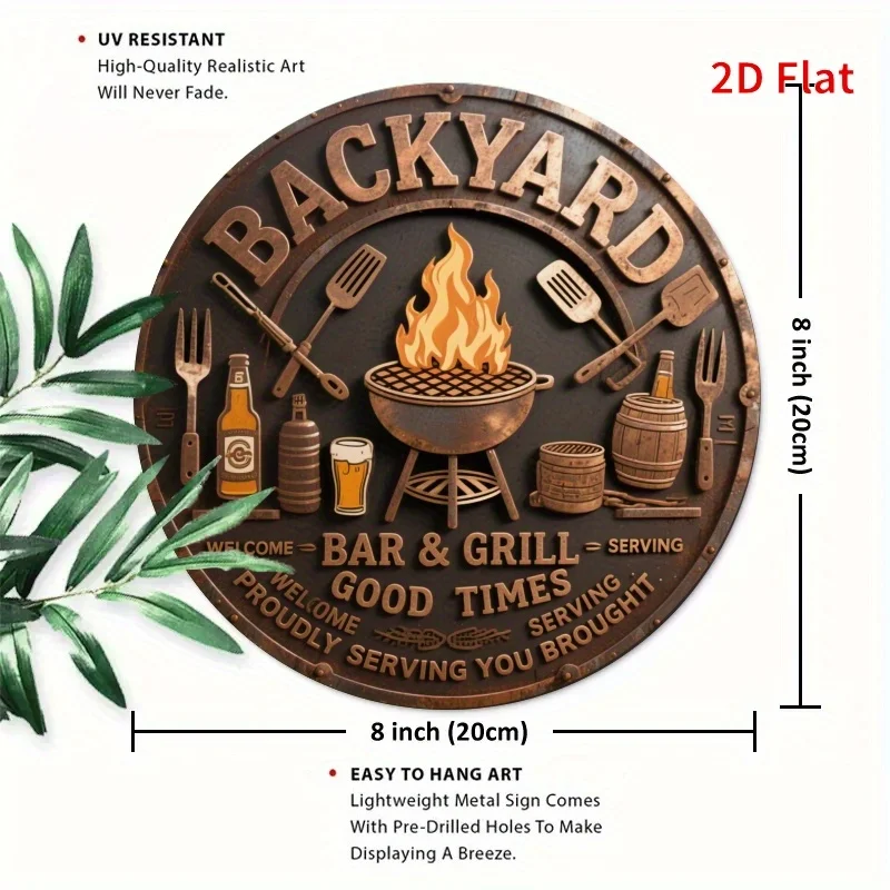 2D Flat, 2D Flat 1pc Vintage Backyard Bar & Grill Metal Sign - 7.8
