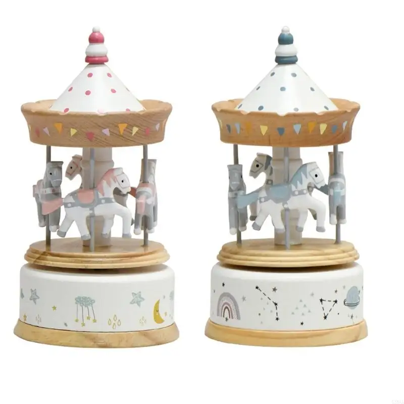 G99A Wood Carousels Music Box, Windups Horse Merry Go Round, Classical Melodys Christmas Decoration Gift Desk Display Gifting