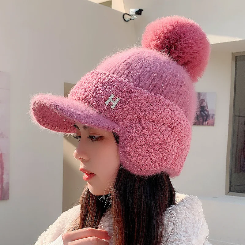 CNTANG Winter Women Ear Protection Baseball Cap Letters Thickened Fur Ball Caps Fashion Knitting Warm Ladies Duck Tongue Hat