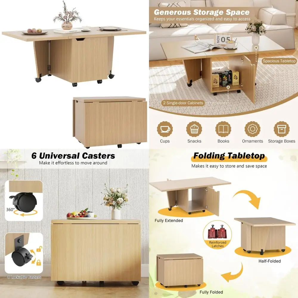 

48 Inch Drop Leaf Extendable Coffee Table with Storage Cabinet and Wheels, Rolling Side Table in Mid Century Style