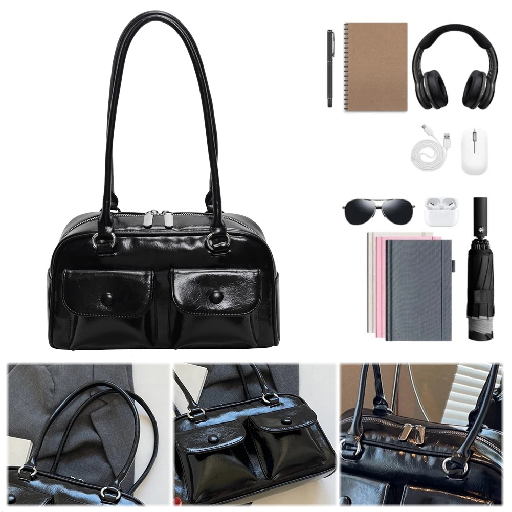 

Women Satchel Hobo Bag Multi Pocket Pu Leather Shoulder Bag Zipper Crossbody Bag Solid Underarm Bag Travel Commuter Bag