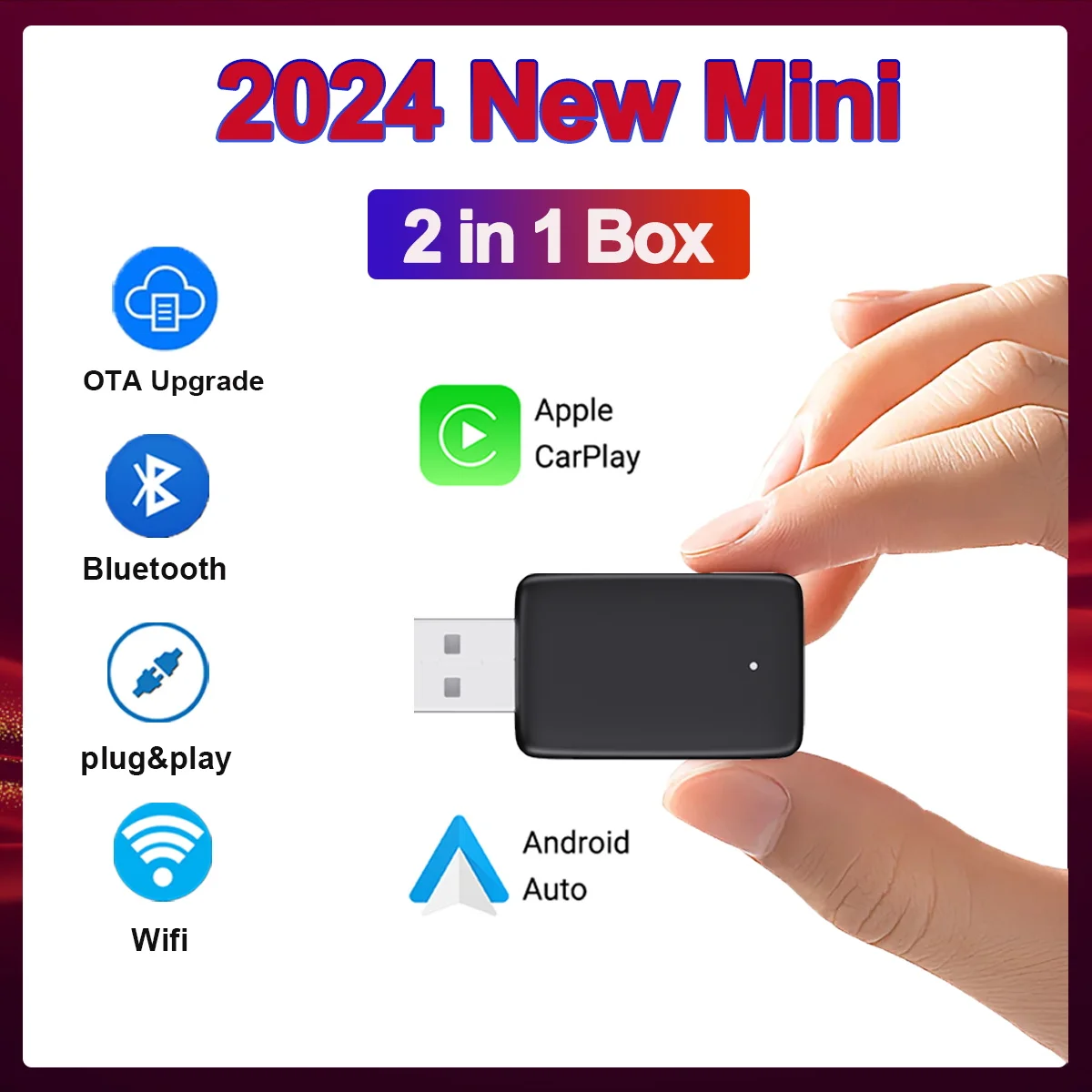 2in1 Mini Box Wireless Carplay Android Auto Box Universal Adapter Plug&Play Wired to Wireless Wifi BT Dongle OTA Upgrade Auto