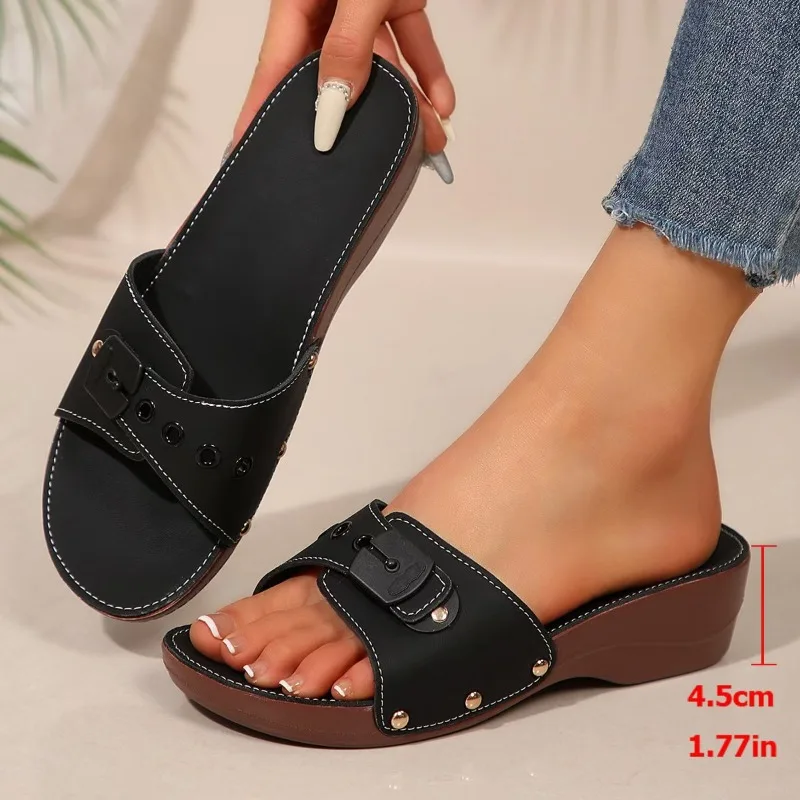 

Slippers for Women Fashion Thick Heeled Sandals Summer New Wedge Slippers Adjustable Belt Buckle Rivet Slippers Sandalias Mujer