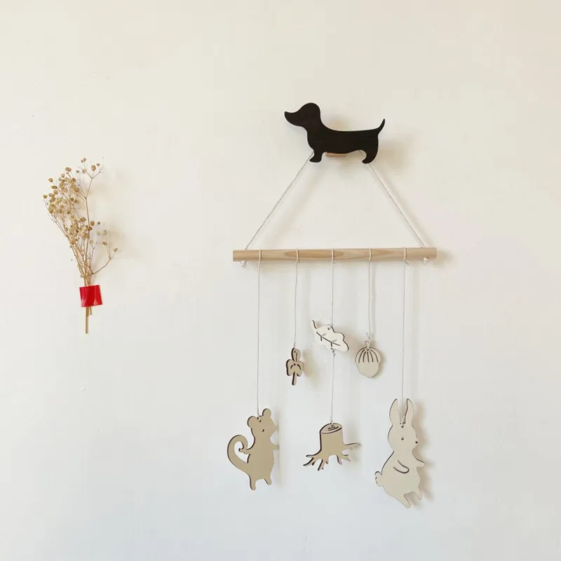 INS Nordic Wooden Stick With Animals Chips Pendants Wall Hanging Ornaments Baby Kids Room Decoration Nursery Decor Photo Props
