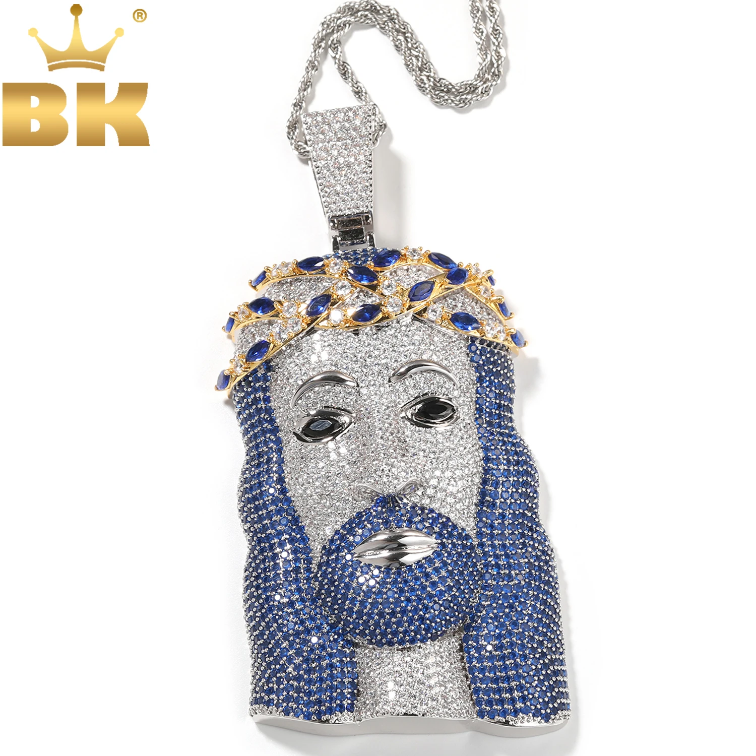 THE BLING KING Iced Two Tone GIANT Jesus Pendant Necklace Full Iced Out Blue Cubic Zirconia Charm Necklace  Hiphop Jewelry