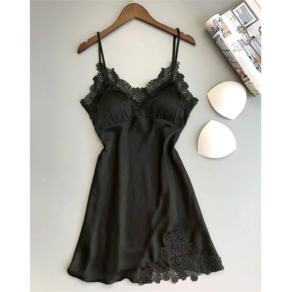 Women\'s Sexy Lingerie Summer Silk Night Gown Lace Patchwork Mini Night Dress Spaghetti Strap NO Chest Pad Sleepwear For Ladies