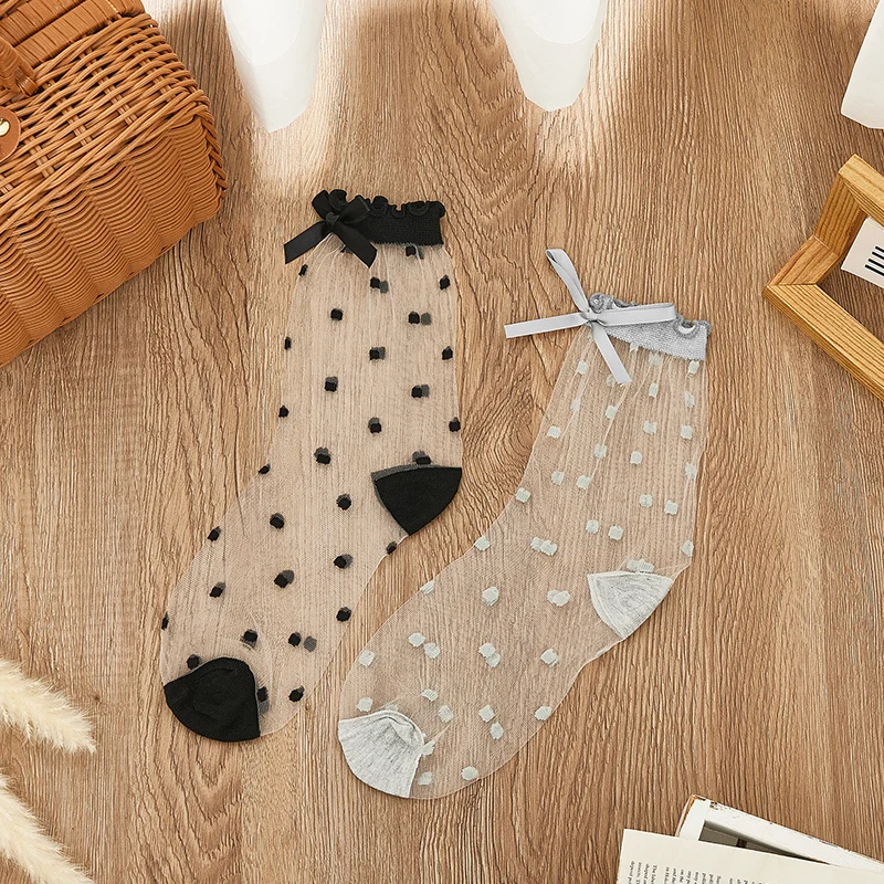 EWODOS 10 Pairs Children Women’s Summer Mesh Socks Soft Breathable Frilly Socks Fashion Dots Print Socks with Bows Chic Cute