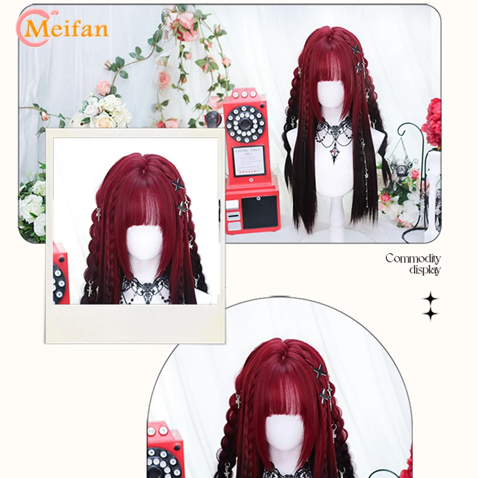 MEIFAN Synthetic Long Straight Lolita Wig with Bang Red Ombre Black Cosplay Party Halloween Christmas Wavy Curly Harajuku Wig