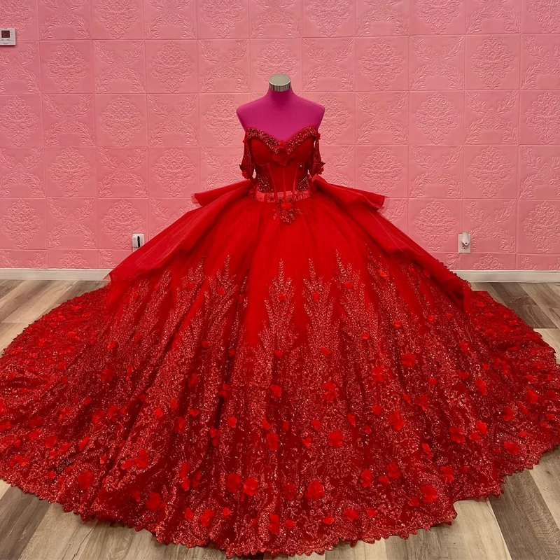 Red Sparkly Princess Off Shoulder Quinceanera Dresses Sweetheart Lace Applique Flower Sweet 16 Ball Gown Vestidos De 15 Años