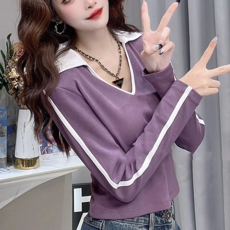 

New Style Spring and Autumn Women's Contrast Color Turn Down Collar Long Sleeves Korean Pullovers Fashion Casual Commute Tops