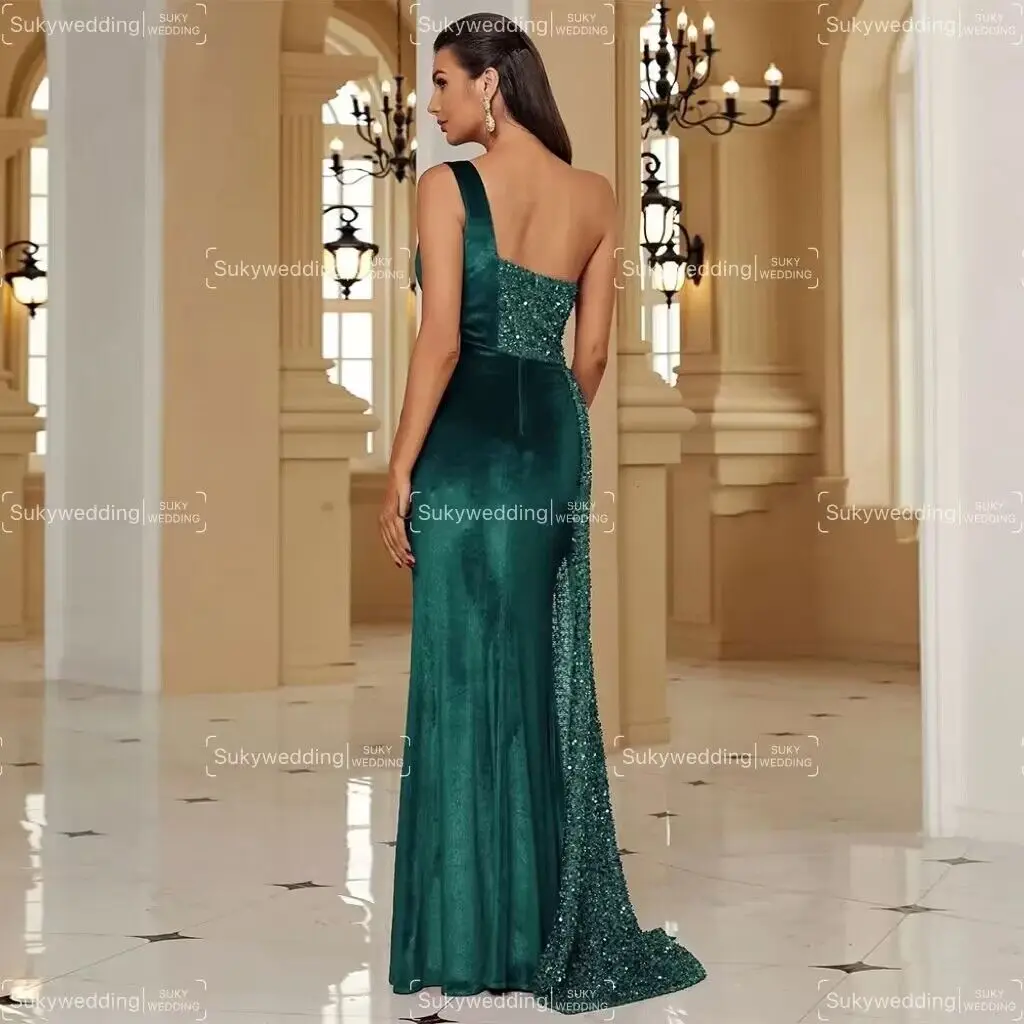 Smaragdgroene Zeemeermin Avondjurken Pailletten Fluwelen Een Schouder Vrouwen Prom Dress Split Glitter Celebrity Party Gown Aangepast