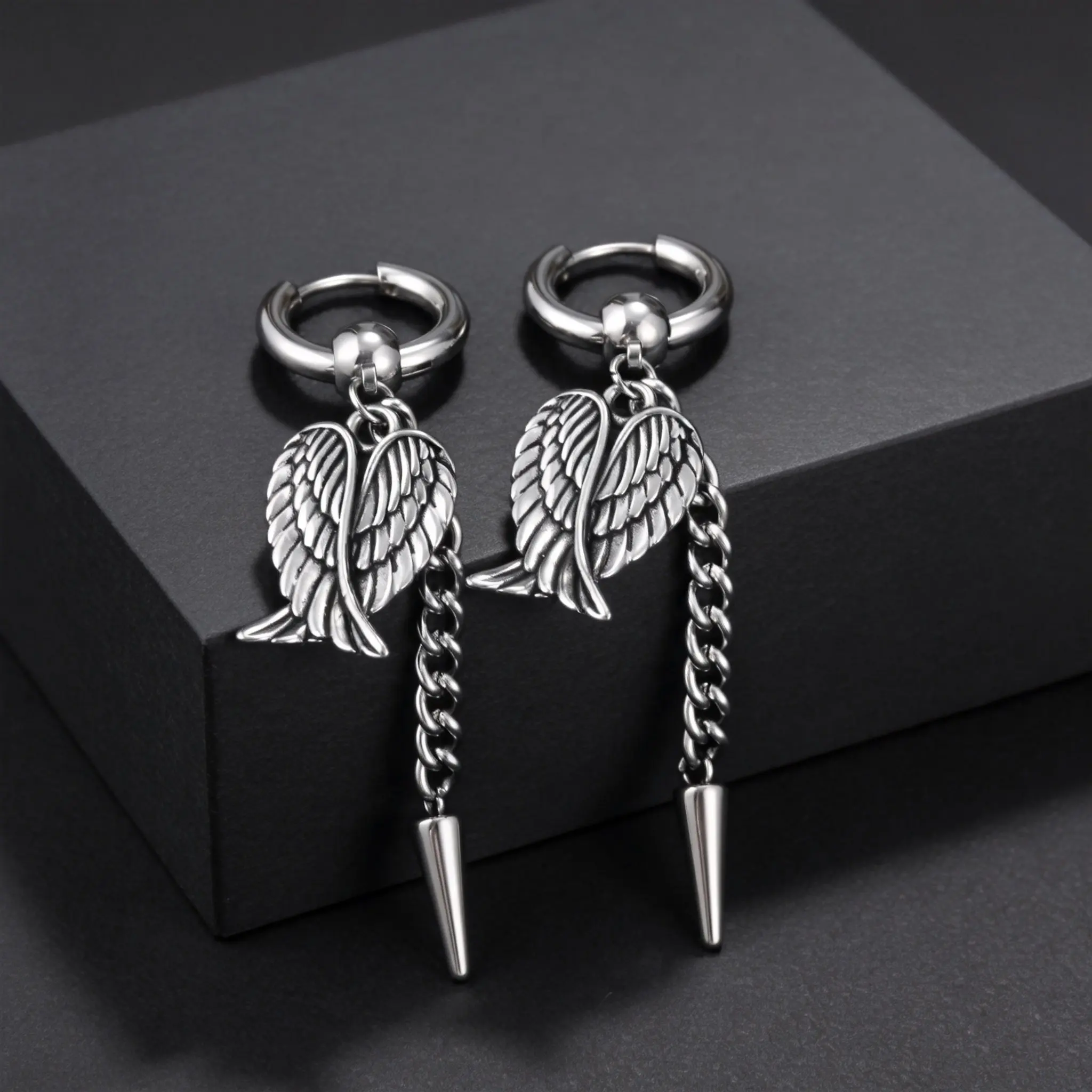 Unique Design Fashion Feather Angel Wings Rivet Tassel Drop Earrings for Men, Hip Hop Rock Stainless Steel Ear Jewelry Gift