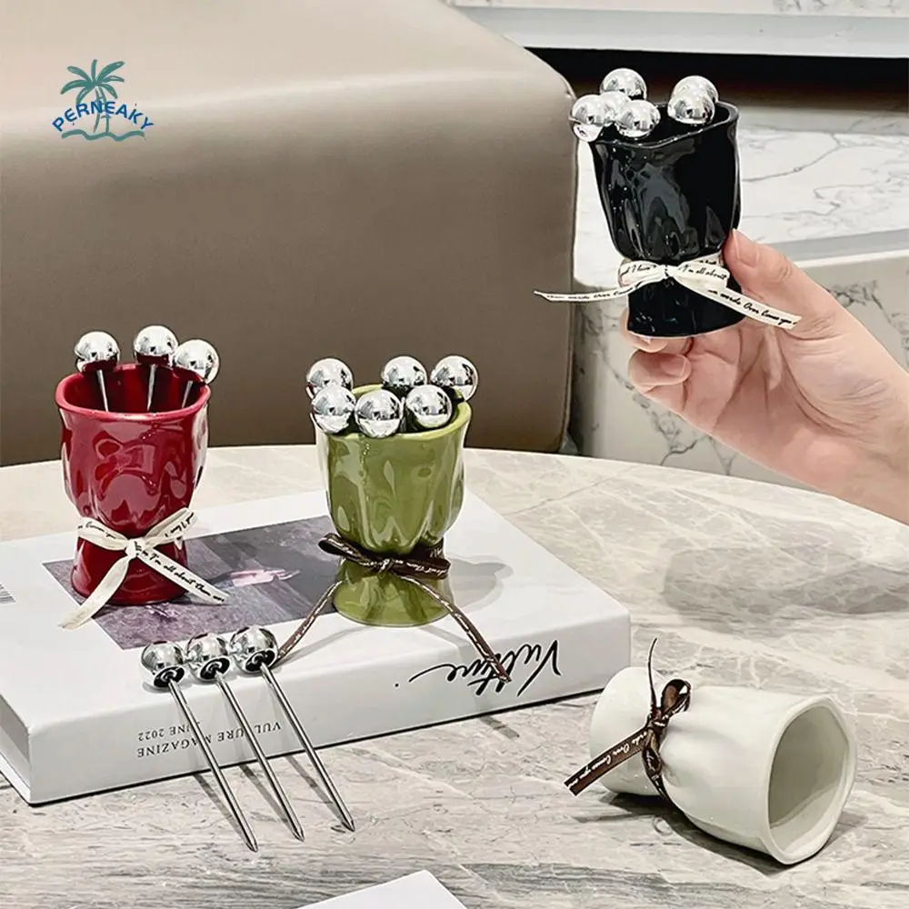 Creative Fruit Forks Set INS Bouquet Shape Dessert Forks with Storage Jar Comfortable Grip Household Fruit Receipt Jar