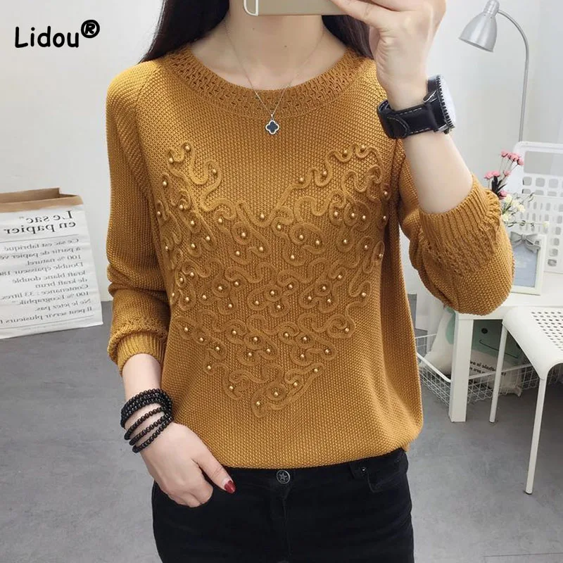 Autumn Winter Loose Solid Color Fashion Beading Patchwork Sweaters Women\'s Clothing All-match Round Neck Knitted Tops for Female