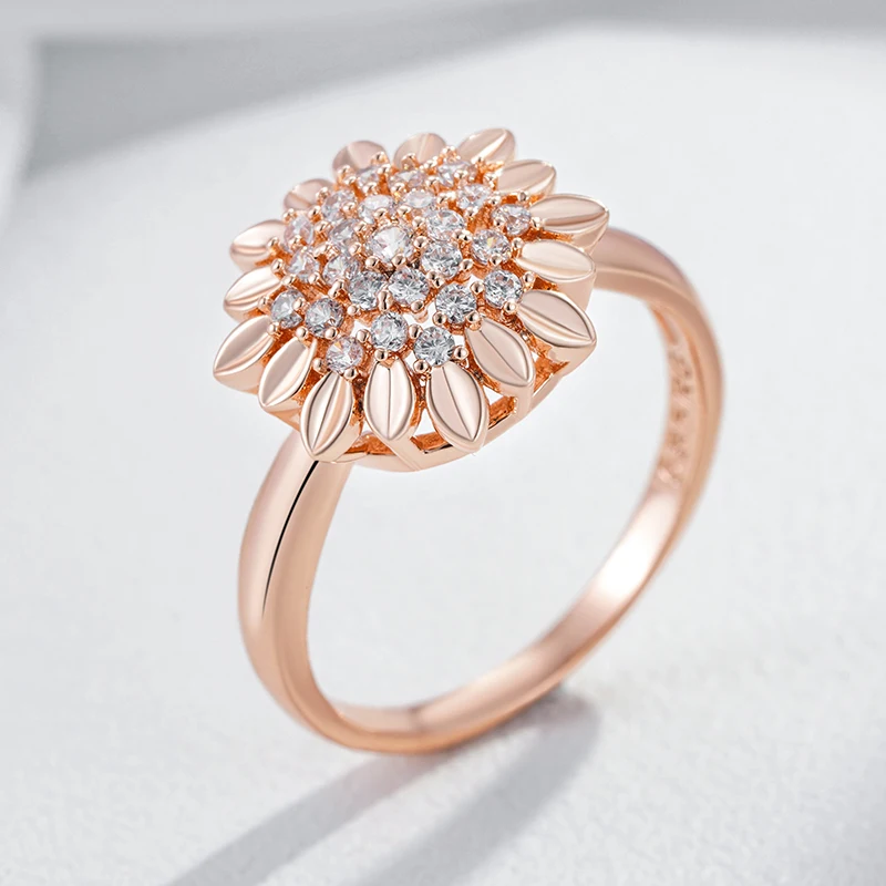 Kinel Hot 585 Rose Gold Color Creative Crystal Flower Rings for Women Fashion Natural Zircon Accessories Vintage Wedding Jewelry