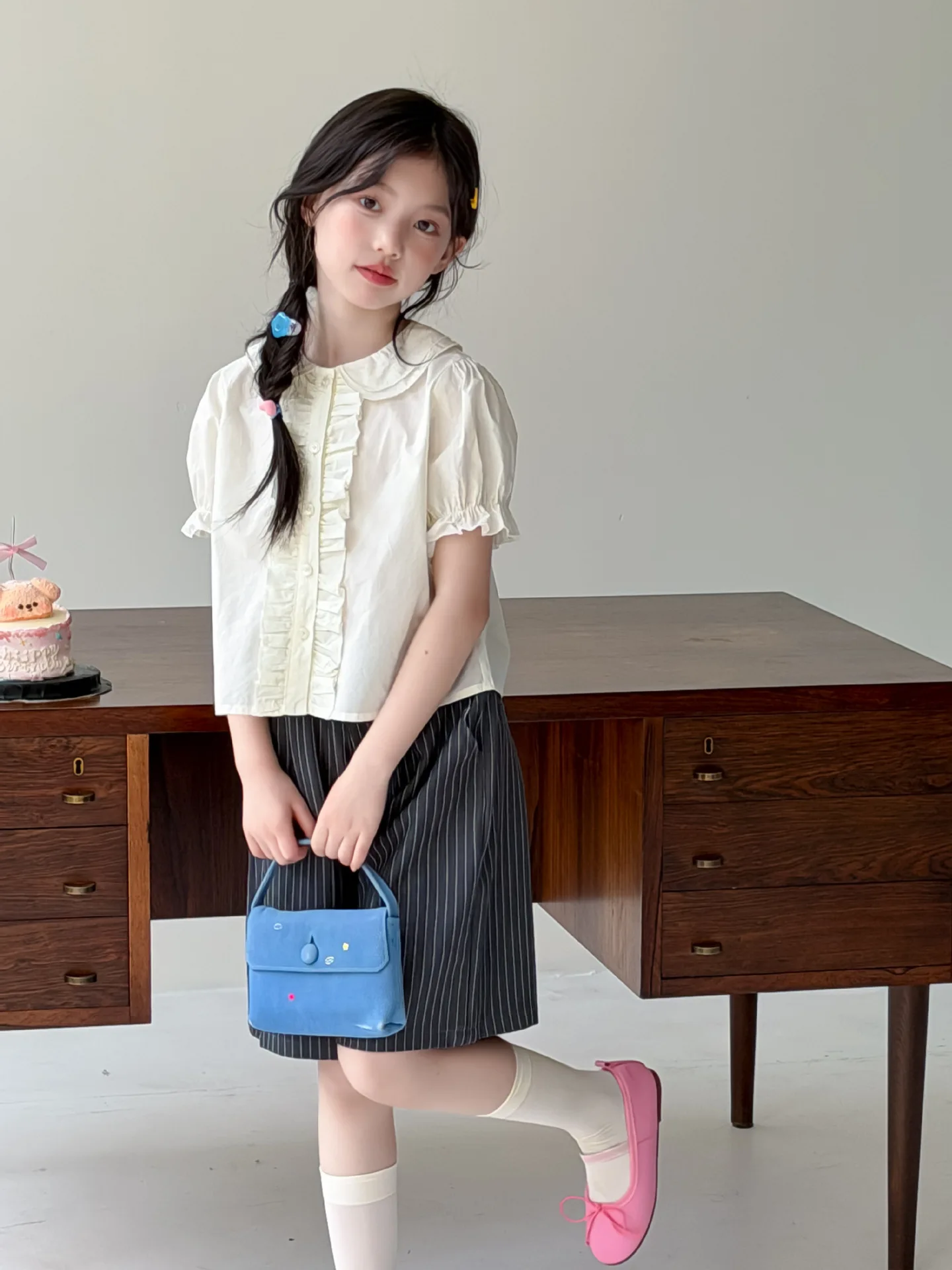 2026 New Girls Teenage Fashion Clothing Suits,  Baby Girls Elegant 2 Piece Sets, White Blouse +  Striped Pants 3 -10 T