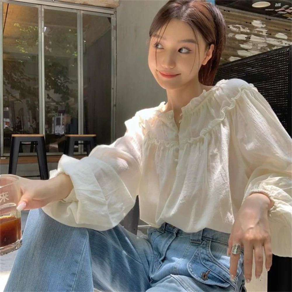 Camicette da donna casual con maniche a sbuffo larghe ed eleganti primavera retrò tutto-fiammifero dolce donna estate nuove camicie con bottoni in stile coreano solido