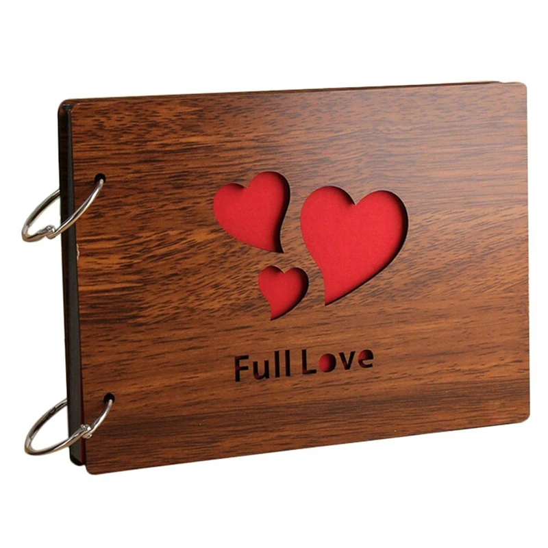 

10X DIY Photo Album Wood Cover Anniversary Scrapbook 8 X 6 Inches Self-Adhesive Picture Book With Black Pages(Full Love)