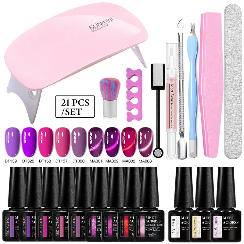 21 pièces ensemble de vernis à ongles Gel rose nu perle de verre chat vernis Gel magnétique avec couche de finition de Base Kits d'outils de manucure à tremper les ongles