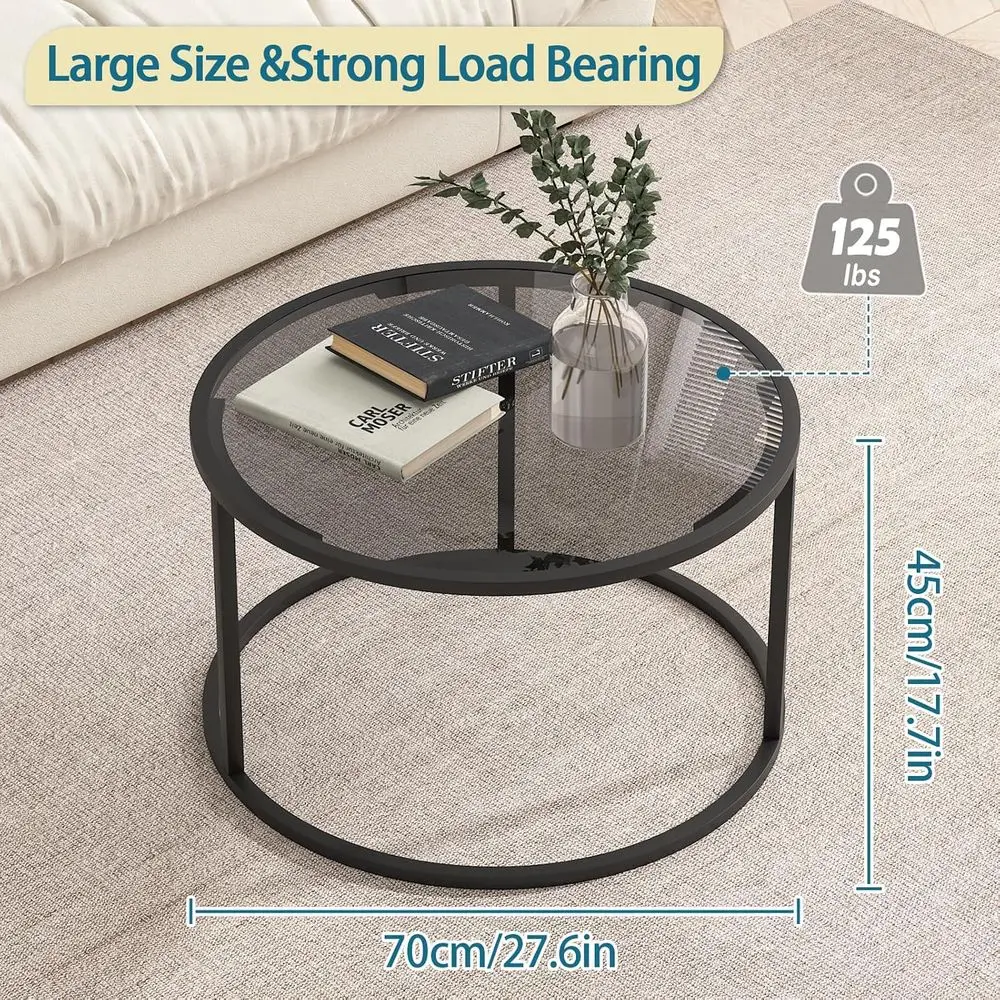 Minimalist Round Coffee Tea Table, Tempered Glass-top with Sturdy Metal Frame for Living Room Bedroom Office and Small Space, 27