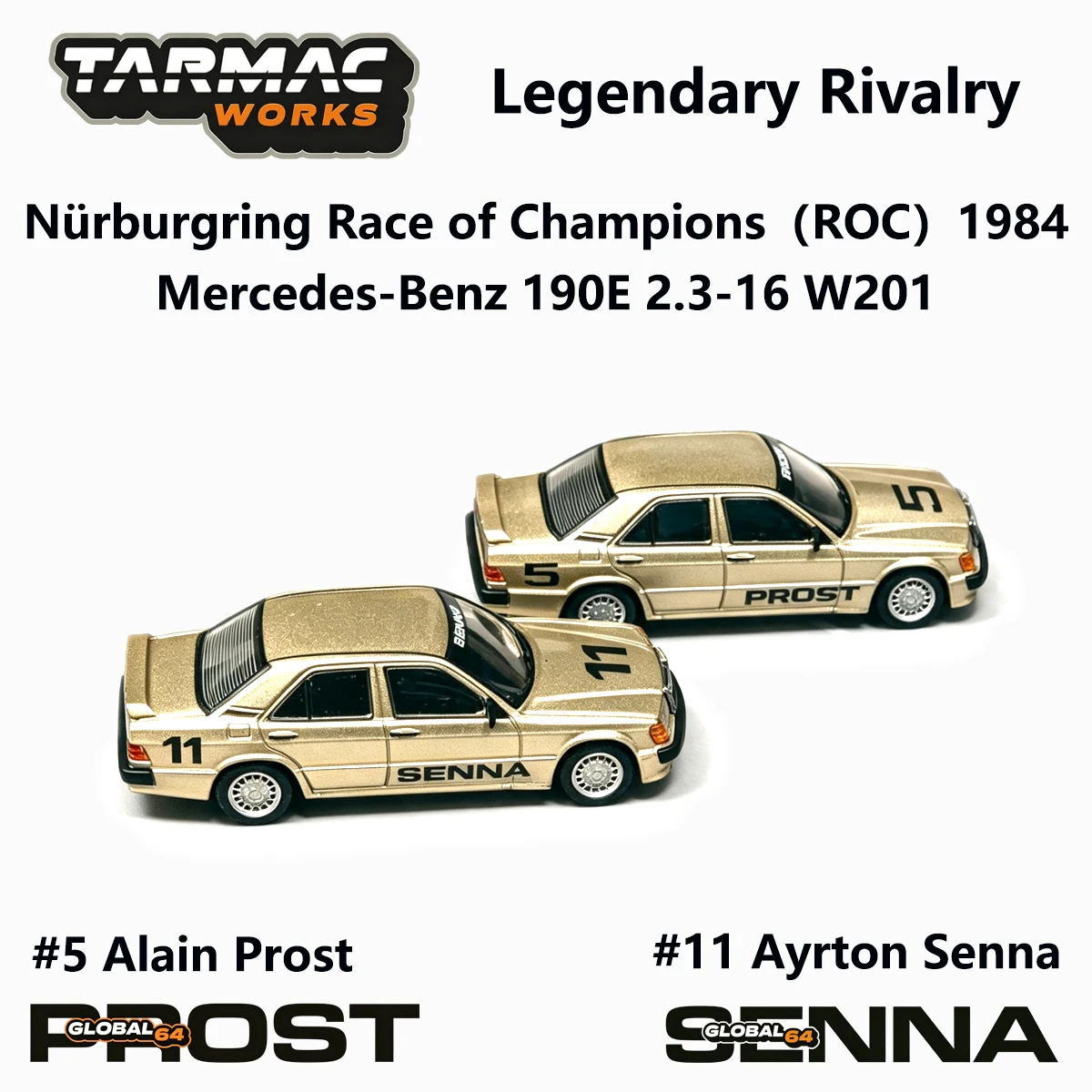 TW 1:64 Mercedes 190E #5 Alain Prost #11 Ayrton Senna 1984 Nurburgring Golden Rivalry Race Car Diecast Model in stock view 3