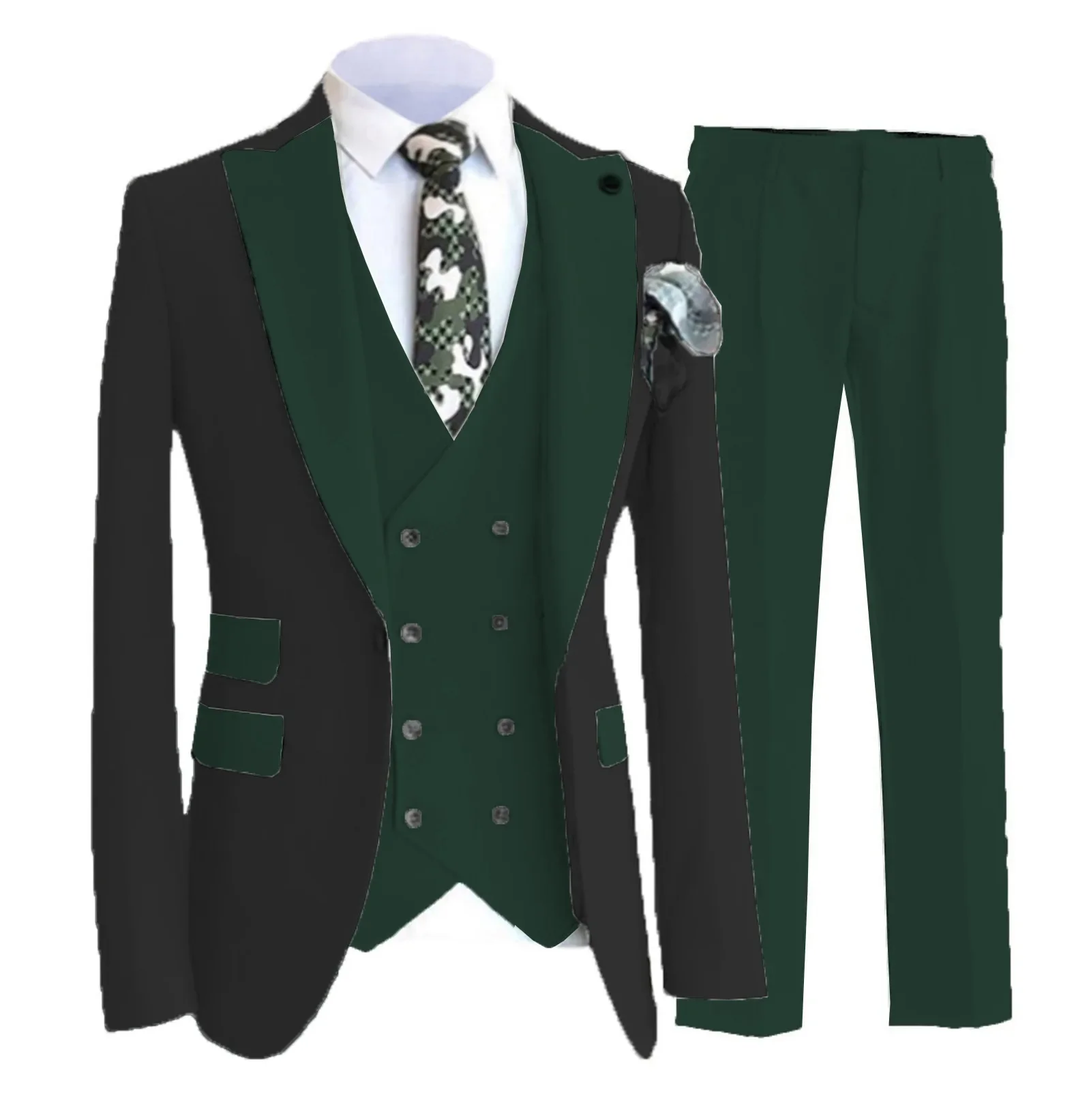 Green Men Suit 3 Piece Slim Fitting Lapel Black Coat Suitable For Wedding Banquet Groom Dress Jacket Vest With Pants