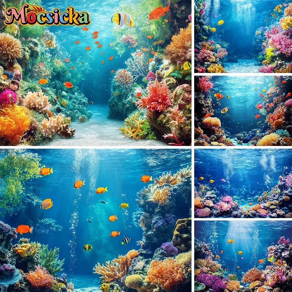 

Summer Aquarium Backdrop Coral Underwater World Seabed Ocean Fish Background Kids Portrait Photography Wall Photo Studio