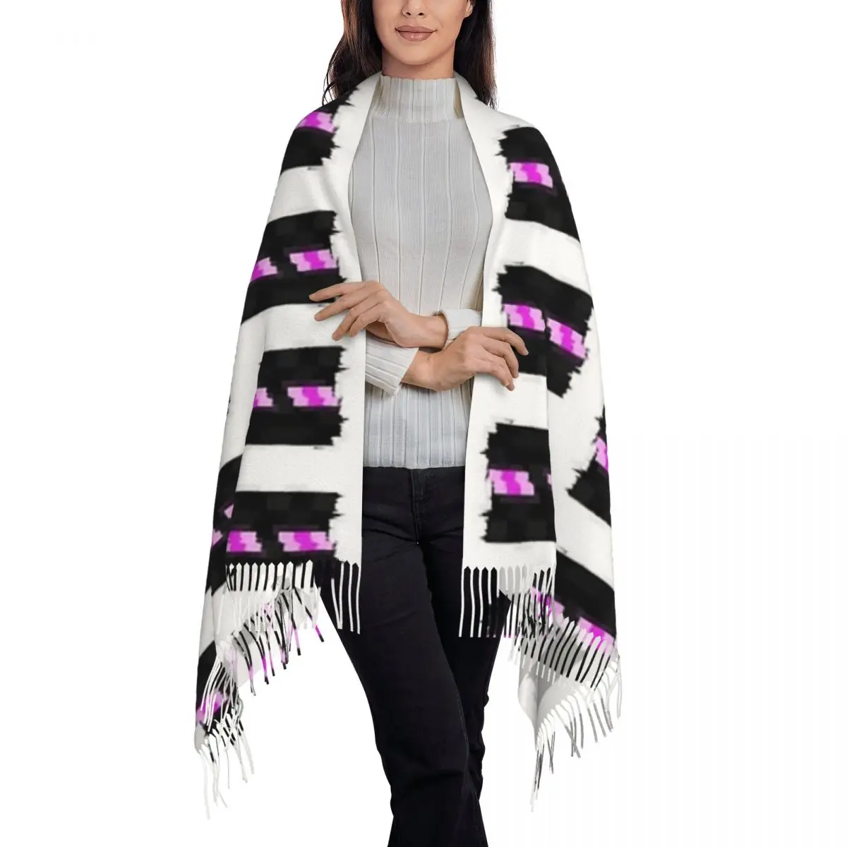 Enderman Face Glitch Scarf Tassel Scarves Women Soft Warm Shawls and Wraps Long Fall Winter Shawl Wrap