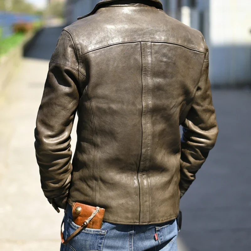 Genuine Leather Jacket Men Clothing Top Layer Full Vegetable Tanned Sheepskin Retro Men\'s Coat Male Leather Jacket Chaquetas Lq