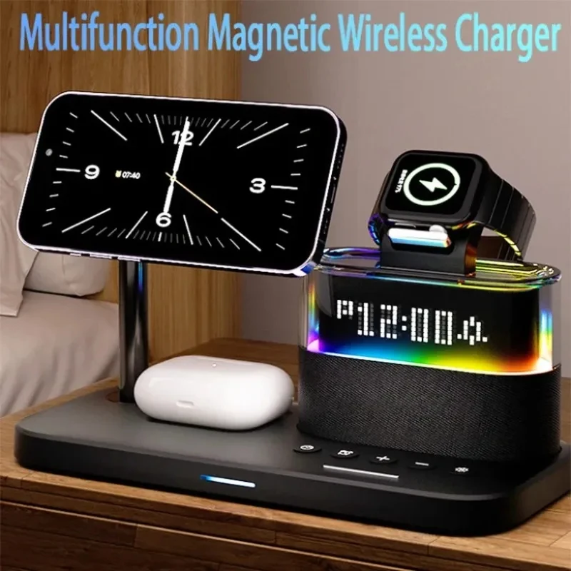 5 In 1 Multifunctional Magnetic Wireless Charger Stand RGB LED Night Light Alarm Clock for iPhone Fast Charging