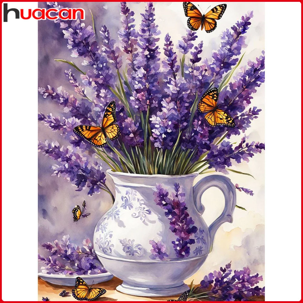 Huacan Flower Diamond Painting Lavender Butterfly Mosaic 2025 New Arrivals Diamond Embroidery Vase Home Wall Decoration