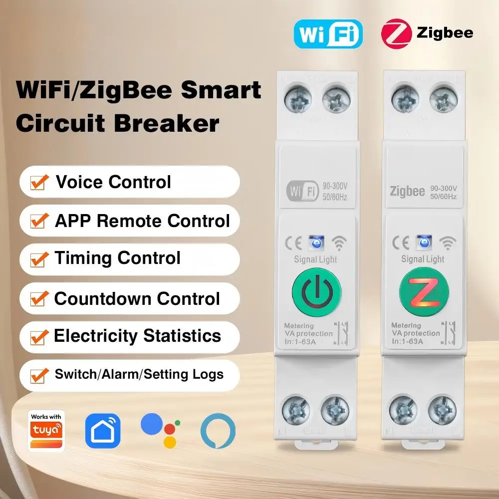 WiFi/Zigbee MCB Smart Circuit Breaker Over Current Under Voltage Protect Power Metering 1-63A 1P+N Works with Smart Life Home
