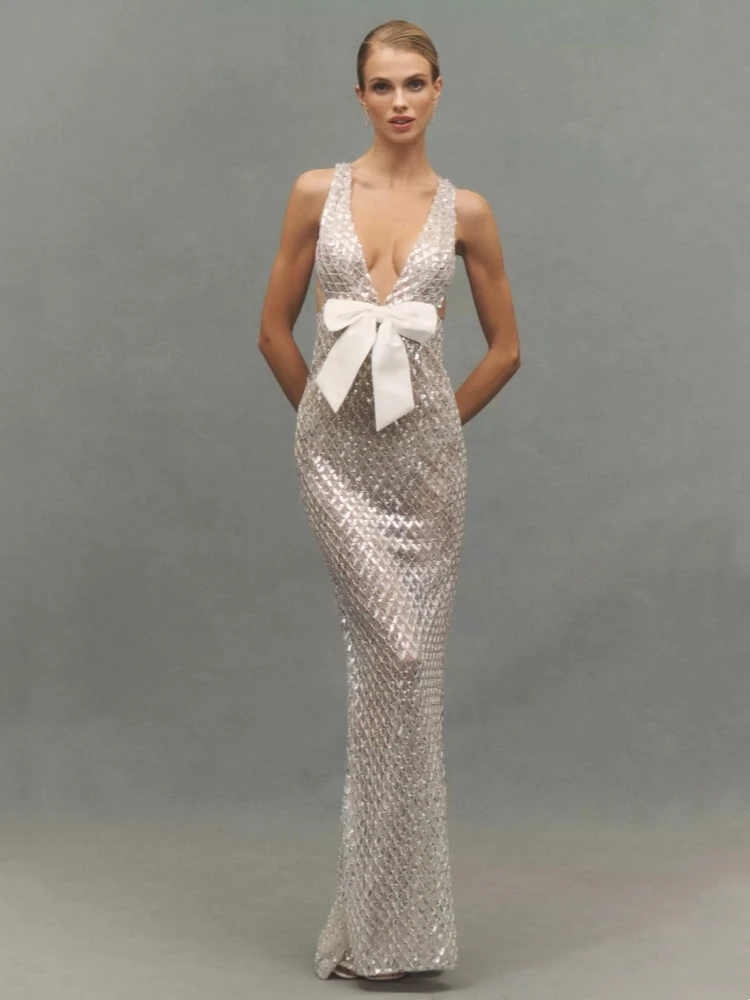 

Sexy Deep V Neck Mesh Sequin Bow Long Dress Women White Sleeveless Backless Bownot Slim Dresses Evening Party Runway Gowns