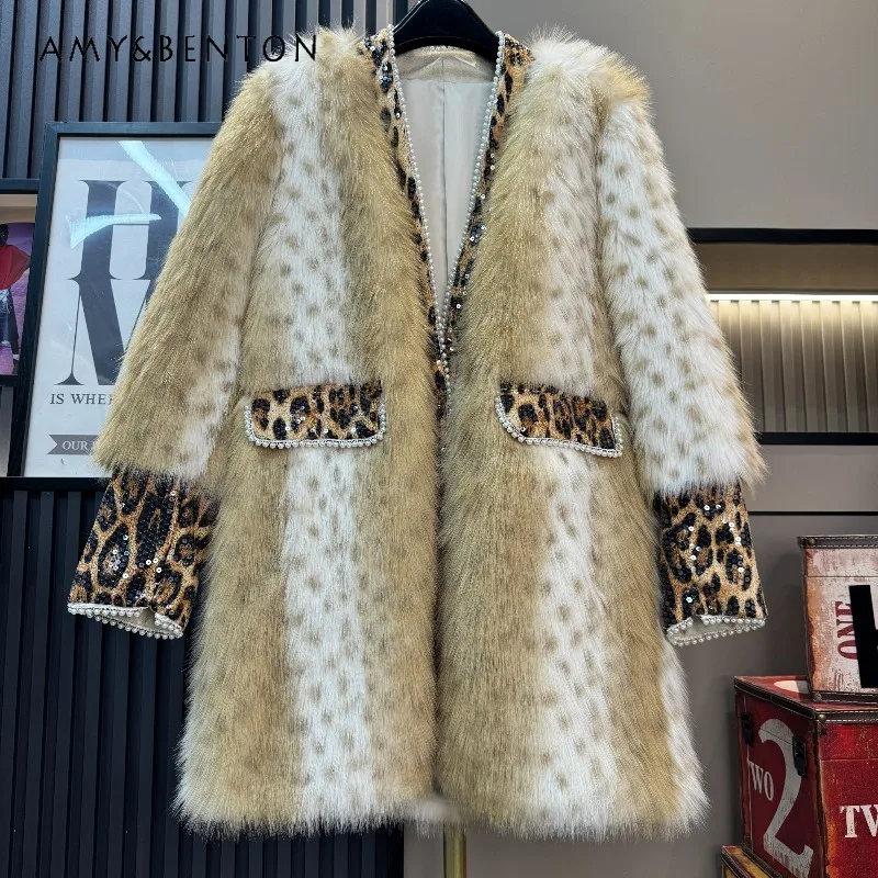 

2025 New European Mink Fur Coat Top For Women's Mid-Length Fashionable Leopard Print Youthful Fashion Slimming Faux Furry Jacket