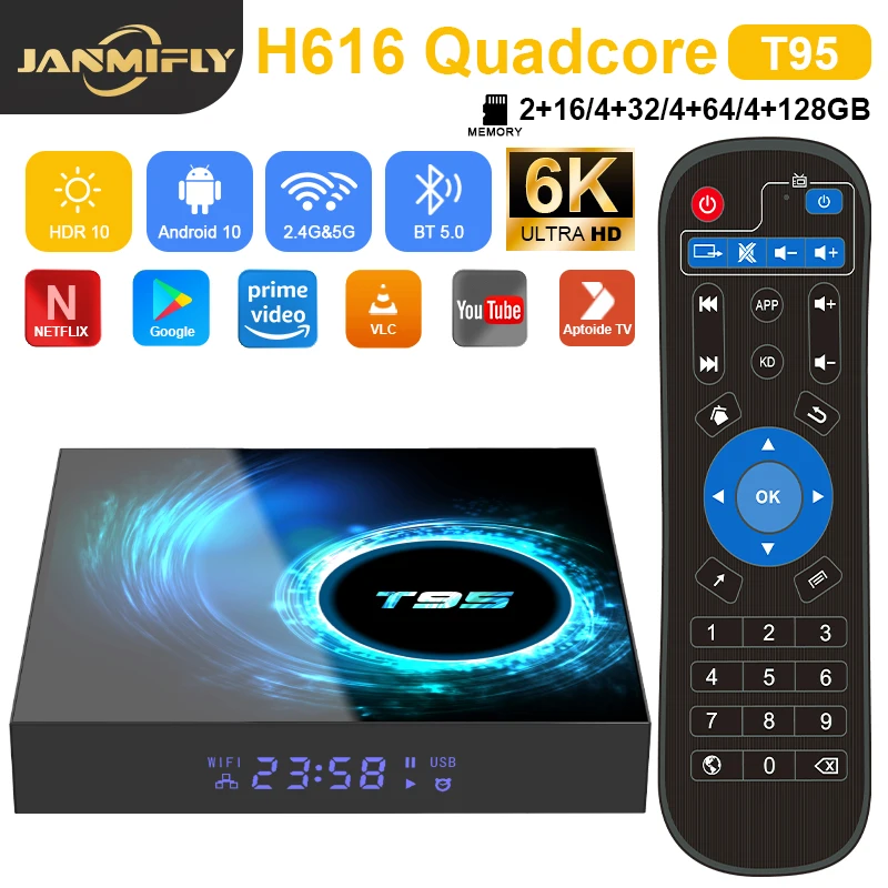 T95 TV Box HD 6K Allwinner H616 رباعي النواة رسومات ثلاثية الأبعاد مزدوجة واي فاي 2.4G و5G بلوتوث 5.0 ذكي أندرويد 10 لاعب فك التشفير