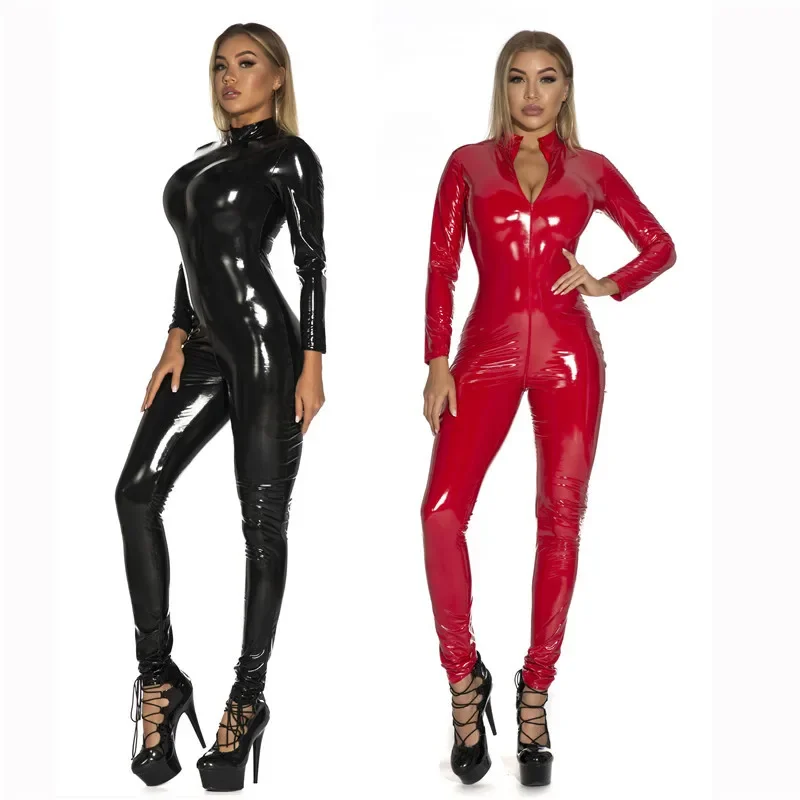 2024 New Faux Leather Latex Catsuit Sexy Zipper Open Crotch Long Sleeve PVC Tight Bodysuits Club Party Sexy Hot Erotic Jumpsuit