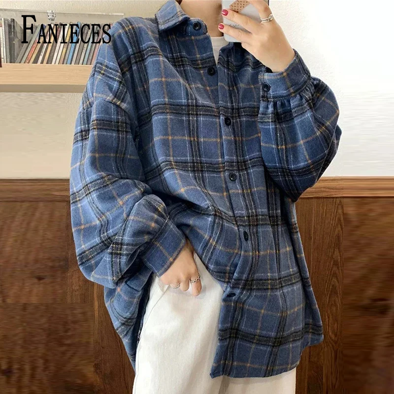 

Plaid Women Shirt Korean Fashion Checked Blouses 2025 Spring Long Sleeve Casual Loose Single-breasted Shirts Harajuku Camisas