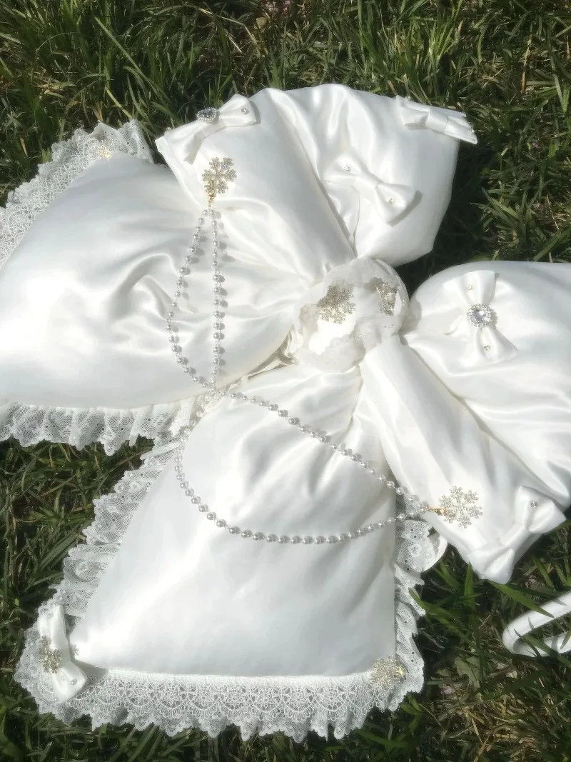 Japanese Original Lolita Messenger Bag Cute and Sweet Doll Wind Lace Edge Pearl Chain Backpack Sweetheart Girl Big Bow Backpack