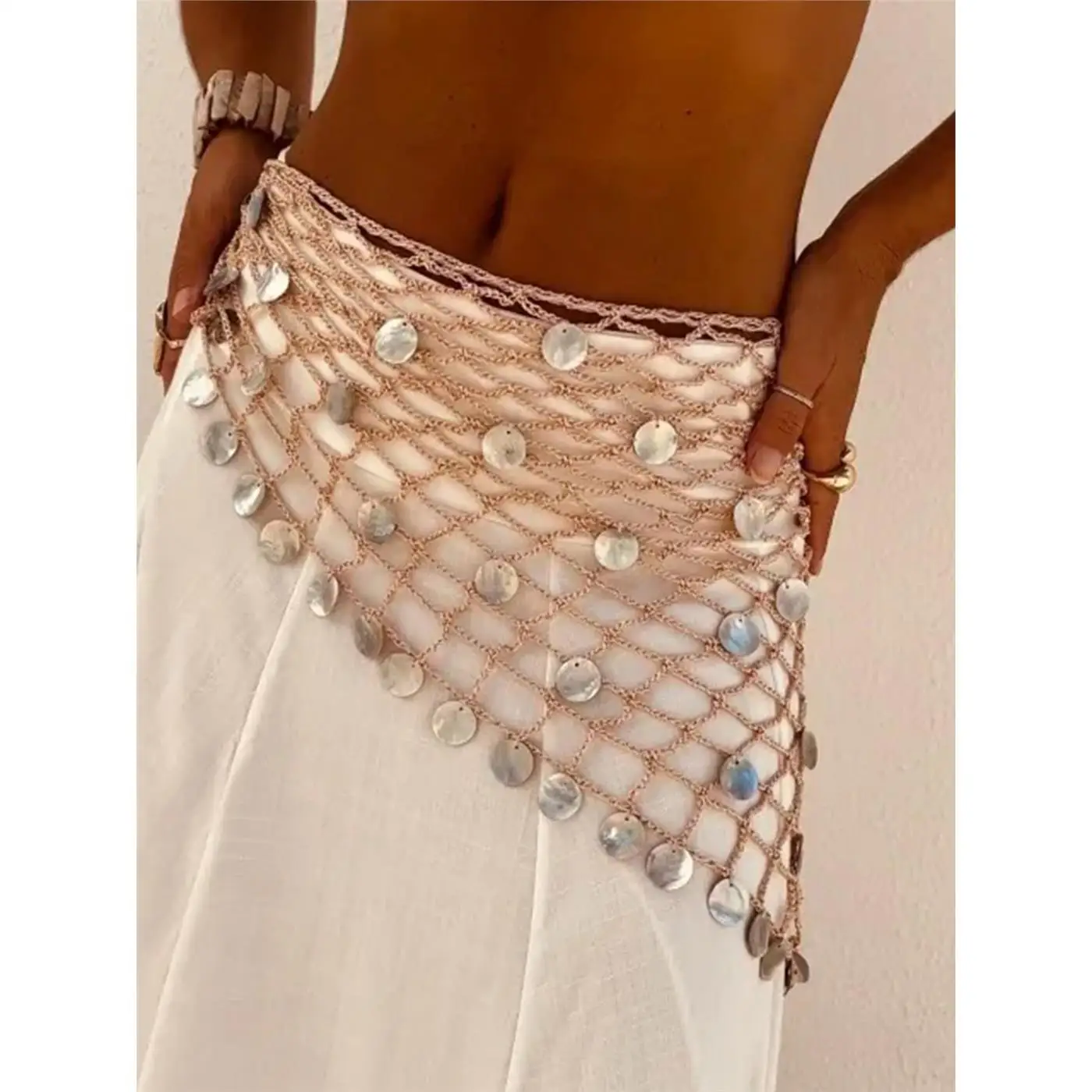 Hand Hooked Sequin Skirt Sparkling Crystal Pendant Youthful H-Shape Hollow out Design mid Waist A-Line Skirt for Travel