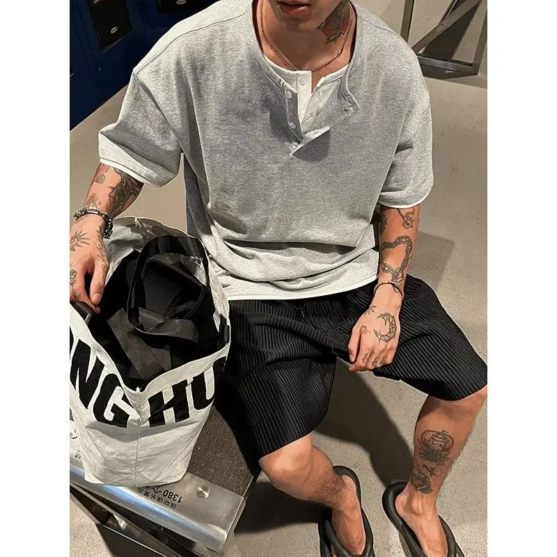 

American Fake Two-piece Henry Neck Old Money Style Short-sleeved T-shirt Loose Niche Design Style Summer New Style