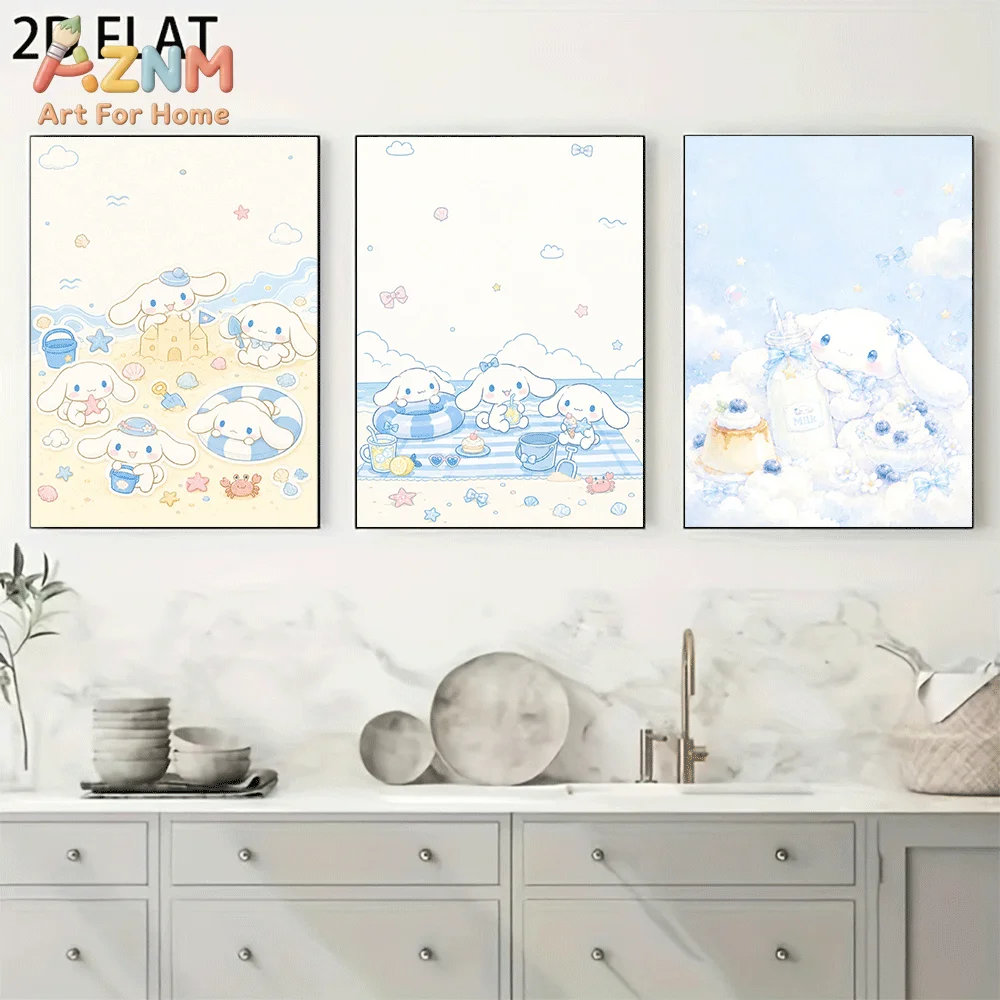 AZNM Cinnamoroll Canvas Wall Art Unframed Cute Cartoon Print Poster Seaside Beach Sandcastle Star Crab Pudding Milk Drink Summer