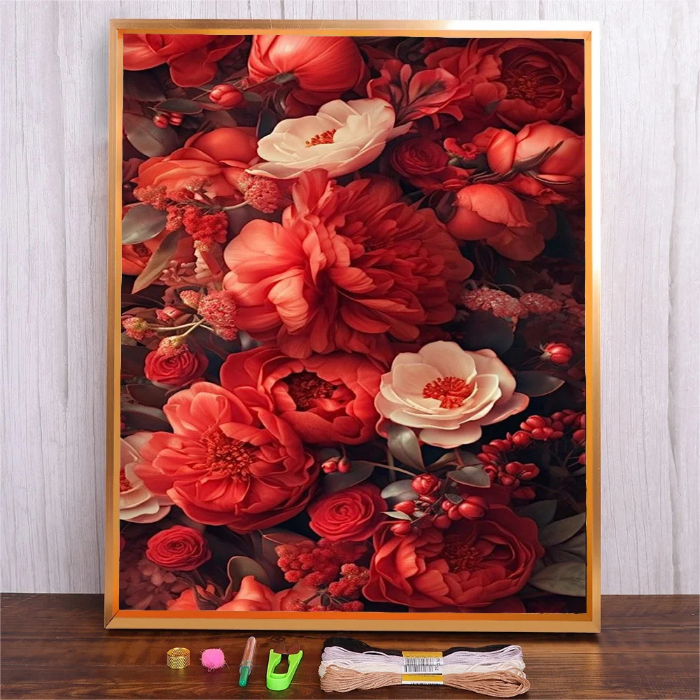 

Rose Flowers Pattern Cross Stitch Kits Color Cotton Thread DIY 11CT Printed Canvas Crafts Handmade Needlework Embroidery Set