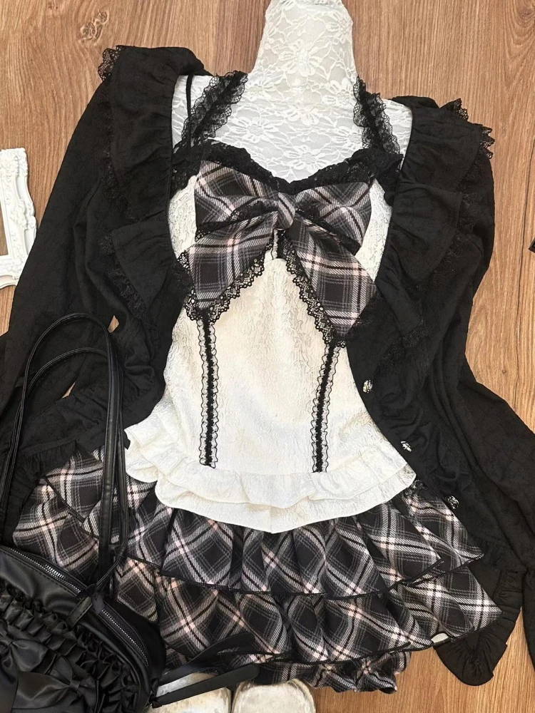 Sweet 3 Piece Sets Women Lace Patchwork Pleated Harajuku Shirt + Bow Halter Vest + Mini Plaid Skirts Y2k Aesthetic Outfits Suit