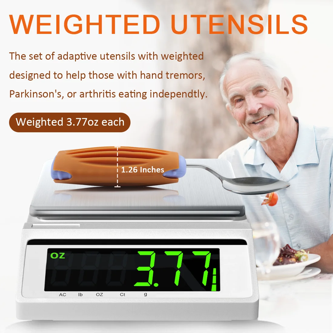 Ehucon Thick Solid Weighted Adaptive Utensils Set Non-slip Round Handle Dishwasher Safe Elderly Curved Eating Spoon and Fork