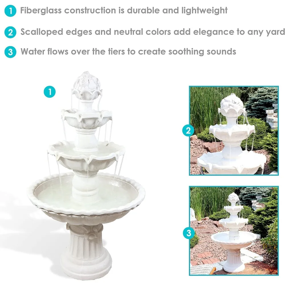 Outdoor Water Fountain 52-Inch H 3-Tier  with Fruit Top - Large Waterfall Feature for The Garden or Backyard - White