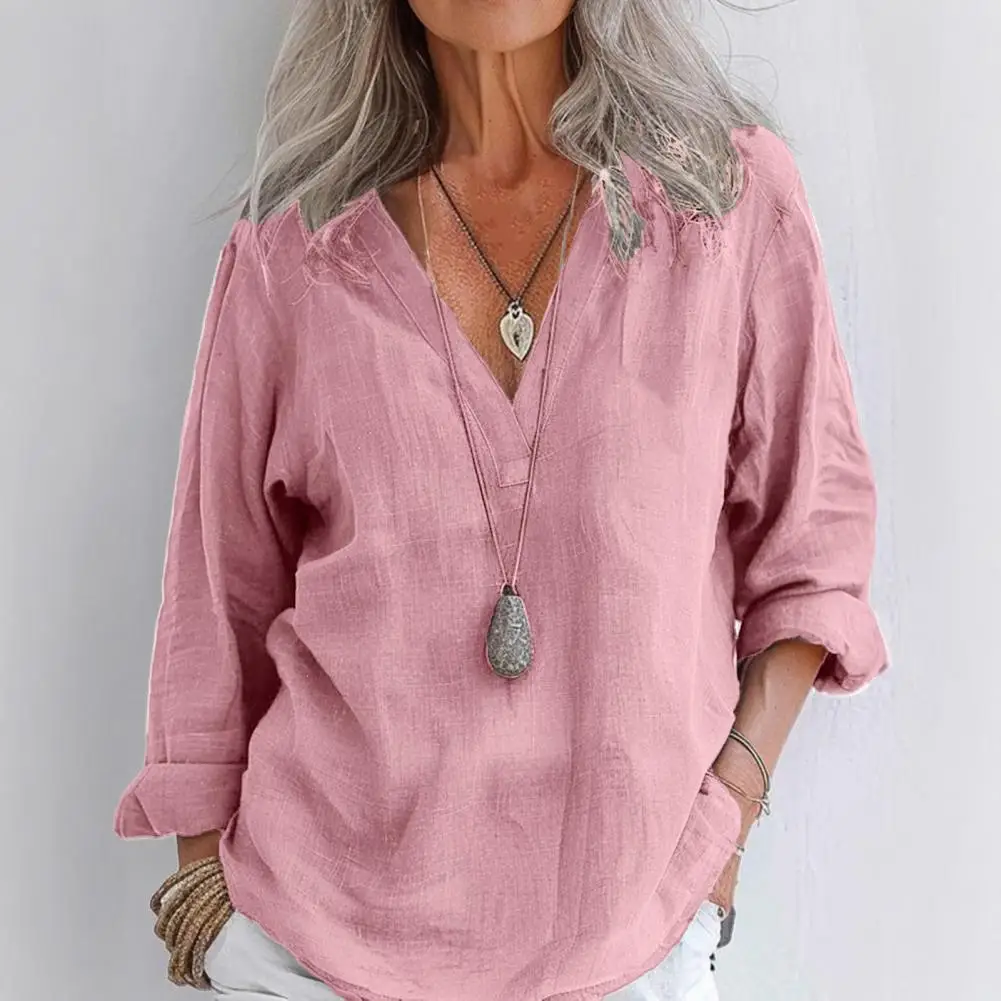 

Loose Fit Blouse Elegant V-neck Long Sleeve Women's Shirt for Work Office Daily Wear Solid Color Pullover Top with Loose Fit