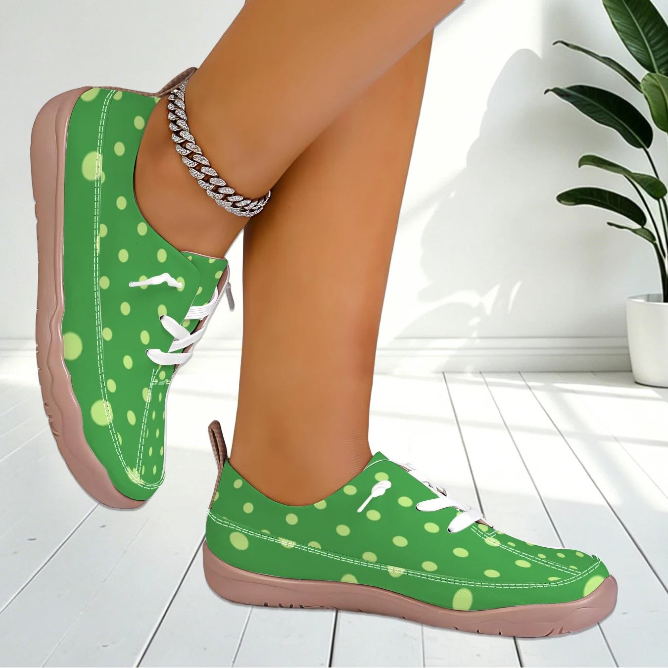 Women Polka Dot Print Lace Up Sneakers Wide Toe Light Breathable Shoes For Travel Commute Walking view 3