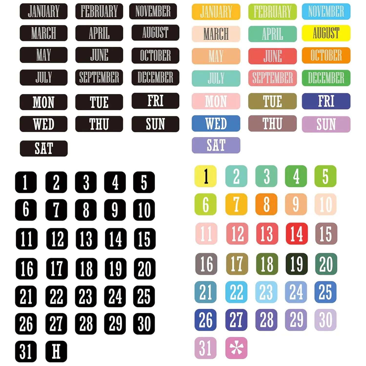 Double-Sided Magnetic Labels Numbers and Months Date for Refrigerator Whiteboard 51pcs Days of The Week and Months Calendar