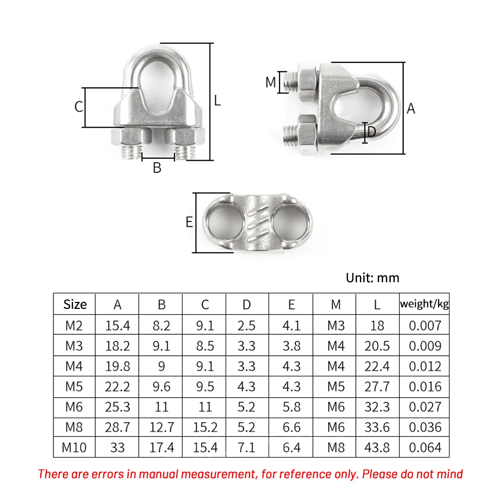 10pcs Stainless Steel Wire Rope Clips U-shaped Clamp Adjustable Metal Screw Clip Cable Fastening Accessories M2/M3/M4/M5/M6/M8