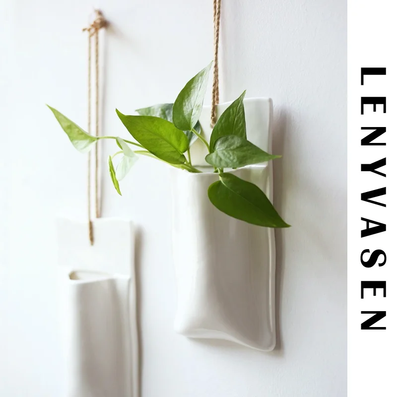 

Minimalist Ceramic Wall Hanging Flower Vase LENYVASEN No Drilling Required Hydroponic Flower Pot for Bedroom Study Living Room